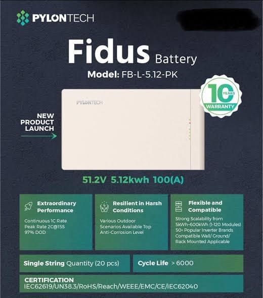Pylontech Fidus FB-L-5.12-PK Lithium Battery 51.2V 5.12kWh 100A | 6000 Cycles | High-Performance Solar Storage - Image 2